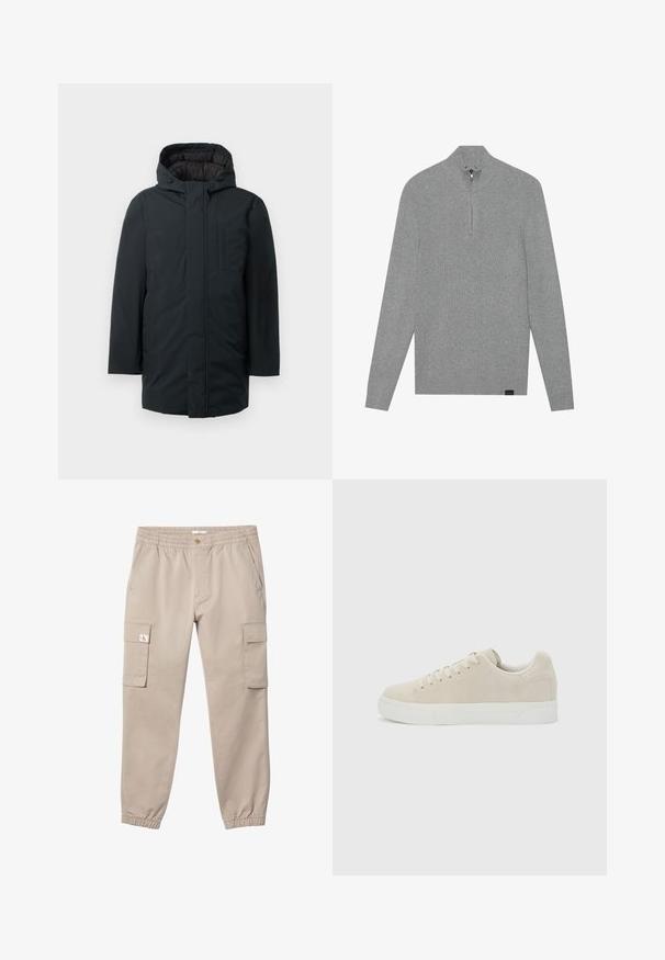 Sort isoleret parka med hætte, med lynlås foran, sidelommer og en glat udvendig overflade. Minimalistisk design.; Grå ribbestrikket sweater med høj krave og halvlanger lynlås. Har lange ærmer og et lille mærketags ved kanten.; Beige cargobukser med elastisk talje og manchetter, knaplukning, sidelommer og klaplommer på begge lår. Lille logo på venstre lommesklap.; Beige lavt snøresko med snørebånd foran og tyk hvid gummisål på en ensfarvet lysegrå baggrund.
