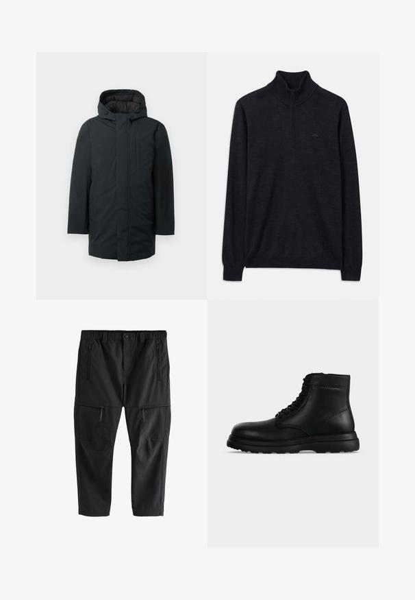 Sort isoleret parka med hætte, med lynlås foran, sidelommer og en glat udvendig overflade. Minimalistisk design.; Sort langærmet sweater med ribbet høj krave og halv lynlås, med et subtilt logo på venstre bryst.; Sorte cargobukser med elastisk talje, knaplukning og fire lynlåslommer, vist på hvid baggrund.; Sort læderankelstøvle med snørelukning foran, tyk sål og Armani Exchange-mærkning præget på siden.