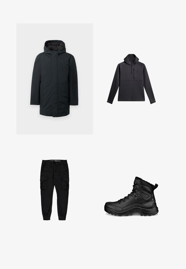 Sort isoleret parka med hætte, med lynlås foran, sidelommer og en glat udvendig overflade. Minimalistisk design.; Sort pullover med hætte, der har en kvart lynlås foran, raglanærmer og en lynlåslomme på brystet; glat tekstur og atletisk design.; Sorte cargobukser lavet af letvægtsstof, med elastisk talje, snor, og flere sidelommer samt tætsiddende cuffs.; Sort høj vandrestøvle med polstret ankel, snørehager, robust sål og træksløjfe ved hælen, designet til udendørs brug og koldt vejr.