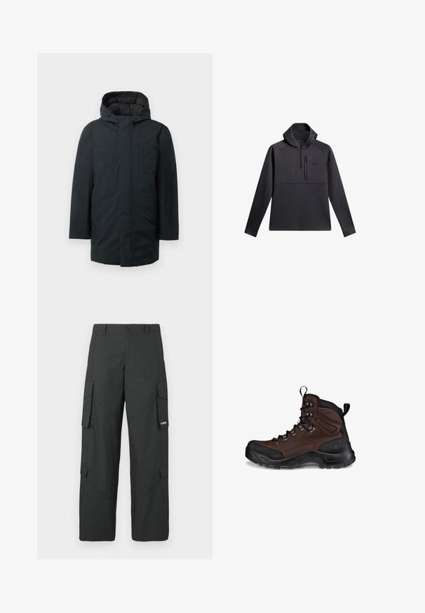 Parka aislante negra con capucha, que cuenta con un cierre frontal de cremallera, bolsillos laterales y una textura exterior suave. Diseño minimalista.; Sudadera negra con capucha, con cierre de un cuarto en la parte delantera, mangas raglán y bolsillo de pecho con cremallera; textura suave y diseño atlético.; Pantalones cargo rectos negros con bolsillos laterales con solapa, cierre de botón, trabillas para cinturón y pequeño logo blanco en la solapa del bolsillo derecho.; Bota de senderismo marrón con un upper de cuero texturizado, capuchón de goma negro en la puntera, ojetes reforzados y una suela resistente para tracción.