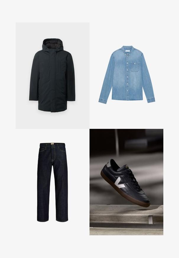 Zwarte geïsoleerde parka met capuchon, voorzien van een voorritssluiting, zijzakken en een gladde buitenkant. Minimalistisch ontwerp.; Lichtblauw denim overhemd met knopen, lange mouwen, spitse kraag, één borstzak en subtiele vervaging op de stof.; Donkerblauwe jeans met rechte pijpen, gele stiksels, knoop- en ritssluiting aan de voorkant en een ontwerp met vijf zakken.; Zwarte leren sneakers met een wit V-logo, vetersluiting aan de voorkant, geperforeerde details en een bruine rubberen zool; strak ontwerp met minimale accenten.