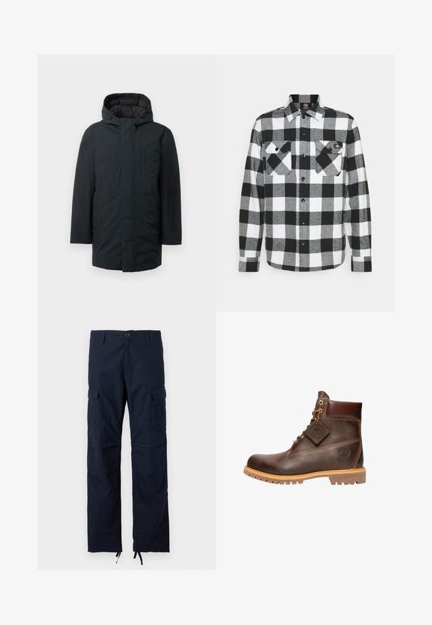 Schwarze isolierte Parka mit Kapuze, ausgestattet mit einem Frontreißverschluss, seitlichen Taschen und einer glatten Außenstruktur. Minimalistisches Design.; Schwarz-weißes Flanellhemd mit Karomuster, ausgestattet mit zwei Brusttaschen, Knopfleiste und Kragen. Weicher, strukturierten Stoff.; Marineblaue Cargohosen mit Knopfverschluss, Gürtelschlaufen, seitlichen Klappentaschen und verstellbaren Kordeln an den Beinabschlüssen.; Braune Leder-Ankelstiefel mit runder Zehenpartie, robuster Sohle, goldfarbener Hardware und strukturiertem Obermaterial. Enthält ein angehängtes Logo-Tag.