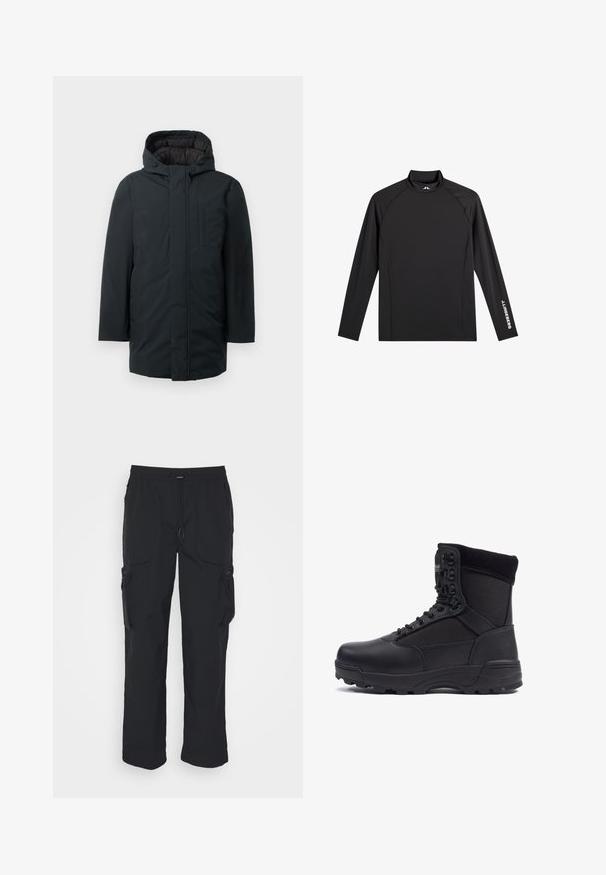 Sort isoleret parka med hætte, med lynlås foran, sidelommer og en glat udvendig overflade. Minimalistisk design.; Sort atletisk top med lange ærmer, høj hals, tætsiddende pasform og hvidt "J.Lindeberg" logo på venstre ærme og krave.; Sorte cargo-bukser lavet af vævet stof. Har justerbar talje, sidelommer og to værktøjslommer med lynlås.; Sort taktisk støvle med en glat læderoverdel og stofpaneler, høj ankeldesign, snørebånd foran og slidstærk gummisål.