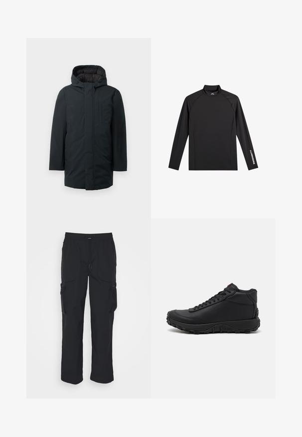 Sort isoleret parka med hætte, med lynlås foran, sidelommer og en glat udvendig overflade. Minimalistisk design.; Sort atletisk top med lange ærmer, høj hals, tætsiddende pasform og hvidt "J.Lindeberg" logo på venstre ærme og krave.; Sorte cargo-bukser lavet af vævet stof. Har justerbar talje, sidelommer og to værktøjslommer med lynlås.; Sorte høje sneakers lavet af struktureret læder, med en tyk gummisål med trækmønstre og snørefunktion. Rød detalje på tungen.