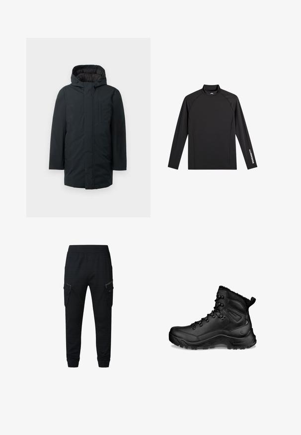 Sort isoleret parka med hætte, med lynlås foran, sidelommer og en glat udvendig overflade. Minimalistisk design.; Sort atletisk top med lange ærmer, høj hals, tætsiddende pasform og hvidt "J.Lindeberg" logo på venstre ærme og krave.; Sorte cargobukser med en afslappet pasform, lavet af letvægtsstof. Har flere lynlåslommer og elastiske manchetter ved anklerne.; Sort høj vandrestøvle med polstret ankel, snørehager, robust sål og træksløjfe ved hælen, designet til udendørs brug og koldt vejr.