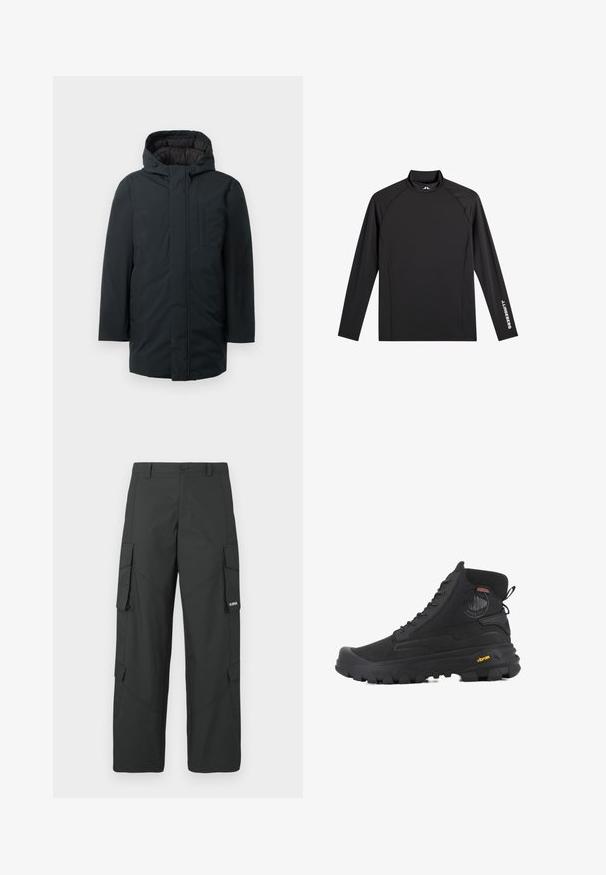 Zwarte geïsoleerde parka met capuchon, voorzien van een voorritssluiting, zijzakken en een gladde buitenkant. Minimalistisch ontwerp.; Zwart sporttopje met lange mouwen, opstaande kraag, slim fit en witte "J.Lindeberg"-logo op linkerarm en kraag.; Zwarte cargo broek met rechte pijpen, zijflapzakken, knoopsluiting, riemlussen en een klein wit logo op de flap van de rechterzak.; Zwarte hoge laarzen met een gestructureerd oppervlak, voorzien van een waterdicht ontwerp, vetersysteem en een opvallende rubberen zool met Vibram-merktekens.