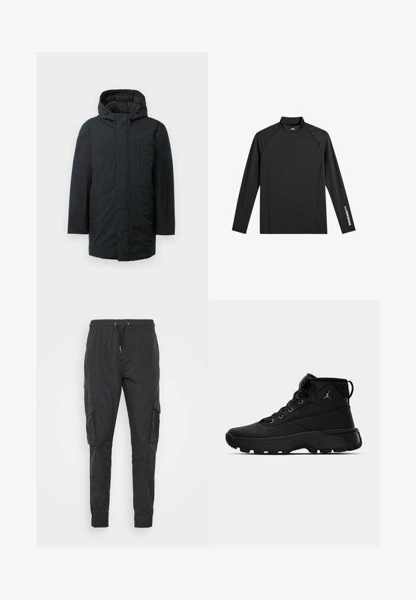 Sort isoleret parka med hætte, med lynlås foran, sidelommer og en glat udvendig overflade. Minimalistisk design.; Sort atletisk top med lange ærmer, høj hals, tætsiddende pasform og hvidt "J.Lindeberg" logo på venstre ærme og krave.; Sorte cargo bukser lavet af letvægtsstof, med en justerbar snøre i taljen, elastiske manchetter og to sidelommer.; Sorte høje sportsko med en tekstureret syntetisk overdel, der har metaløjer, sorte snørebånd og en gummisål med mønstre for godt greb.