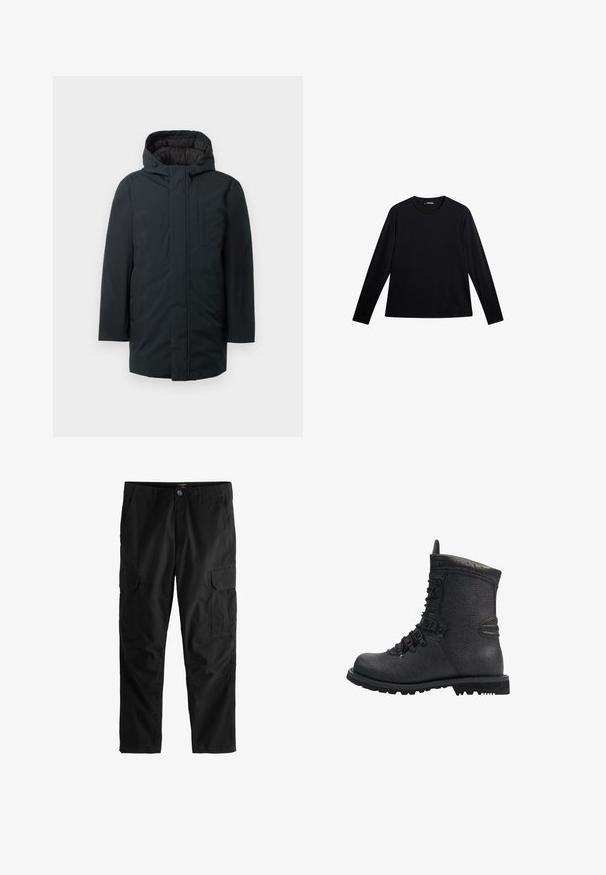 Sort isoleret parka med hætte, med lynlås foran, sidelommer og en glat udvendig overflade. Minimalistisk design.; Sort langærmet T-shirt lavet af glat stof, med rund hals og et diskret logo på fronten, i en afslappet pasform.; Sorte cargobukser med forreste knap, bæltestropper, sideklaplommer og syninger på knæpaneler, vist på hvid baggrund.; Sort lædervandrestøvle med tekstureret overflade, polstret krave og tyk gummisåle. Har metaløjer og kontrasterende sorte detaljer.