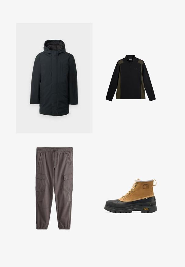Sort isoleret parka med hætte, med lynlås foran, sidelommer og en glat udvendig overflade. Minimalistisk design.; Langærmet sort og olivengrøn pullover med en kort lynlås foran og et lille logo på brystet.; Mørkegrå cargobukser med elastisk talje og manchetter, forlynlås, snøre, sidelommer med klap og skrå forlommer.; Brun og sort isoleret snørestøvle til vinter med gummisål og Vibram-mønster, med Sorel- og Gore-Tex-logoer.