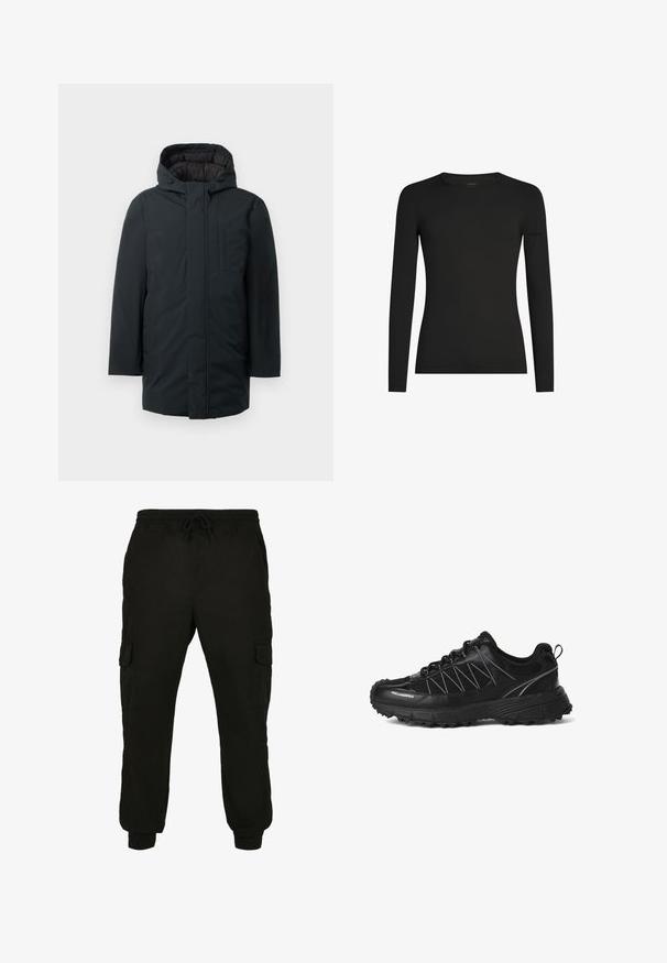 Sort isoleret parka med hætte, med lynlås foran, sidelommer og en glat udvendig overflade. Minimalistisk design.; Sort, tætsiddende langærmet T-shirt med rund hals og et diskret Icebreaker-logo på venstre ærme, vist på en hvid baggrund.; Sorte cargo bukser lavet af blødt stof, med elastisk talje og snøre, sidelommer og smalle manchetter.; Sort sneaker med lavt snit, tyk rillede sål, mesh og syntetisk overdel, snørelukning, trækstrop ved hælen og "KARLLAGERFELD" logo på siden.