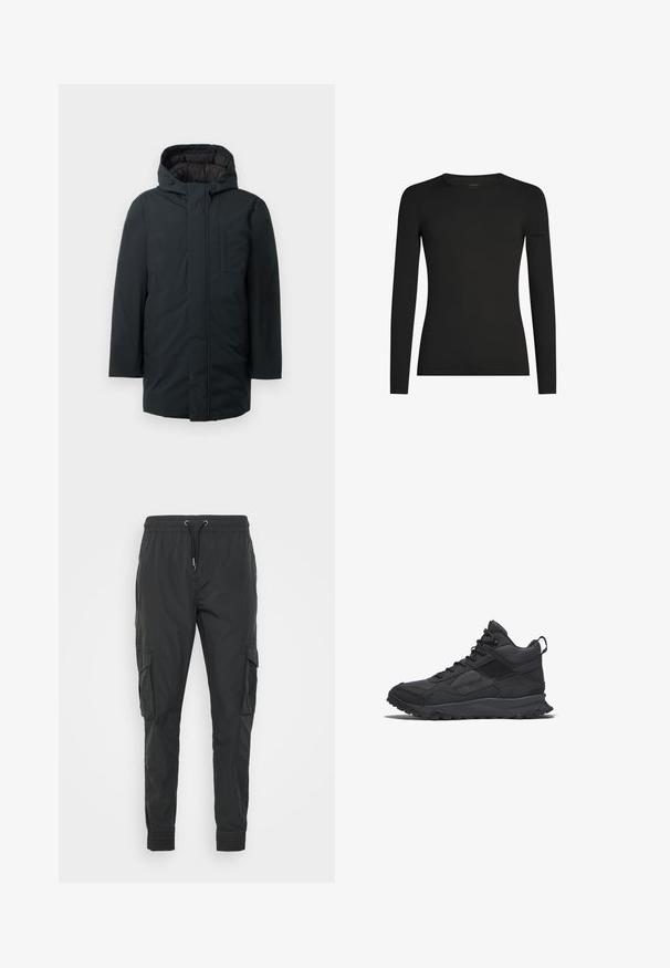 Parka aislante negra con capucha, que cuenta con un cierre frontal de cremallera, bolsillos laterales y una textura exterior suave. Diseño minimalista.; Camiseta negra de manga larga ajustada con cuello redondo y un sutil logo de Icebreaker en la manga izquierda, mostrada sobre un fondo blanco.; Pantalones cargo negros hechos de un tejido ligero, con una cintura ajustable con cordón, puños elásticos y dos bolsillos laterales.; Zapatillas de senderismo de caña media negras que presentan una combinación de materiales texturizados y lisos, suela de goma duradera y una lengüeta trasera.