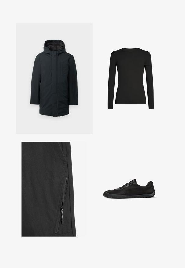Sort isoleret parka med hætte, med lynlås foran, sidelommer og en glat udvendig overflade. Minimalistisk design.; Sort, tætsiddende langærmet T-shirt med rund hals og et diskret Icebreaker-logo på venstre ærme, vist på en hvid baggrund.; Sort jakke stof med en mat finish, der har en lynlåslomme langs siden, indviklet syning og et elegant moderne design.; Sort sneaker med lav profil, mesh-overdel, snørelukning og fleksibel gummisål vist fra siden mod hvid baggrund.