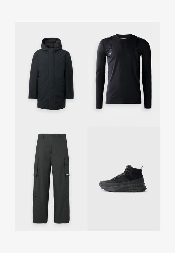 Zwarte geïsoleerde parka met capuchon, voorzien van een voorritssluiting, zijzakken en een gladde buitenkant. Minimalistisch ontwerp.; Zwarte lange-mouwen sportshirt gemaakt van glad, rekbaar materiaal. Kenmerkt zich door glanzende zwarte accenten op de schouders en een Adidas-logo op de borst.; Zwarte cargo broek met rechte pijpen, zijflapzakken, knoopsluiting, riemlussen en een klein wit logo op de flap van de rechterzak.; Zwarte hoge sneaker van textiel met een rubberen zool, voorzien van vetersluiting, gewatteerde kraag en een treklip aan de hiel.