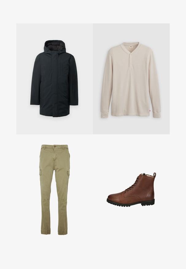 Sort isoleret parka med hætte, med lynlås foran, sidelommer og en glat udvendig overflade. Minimalistisk design.; Langærmet henley-skjorte i lys beige ribbet stof, med V-hals, tre-knap placket og manchetter ved ærmerne. Rød logo-tags ved kanten.; Cargo bukser i khaki, lavet af bomuldsblandning. Har flere sidelommer, en knaplukning og elastiske manchetter ved anklerne.; Brune læder ankelstøvler med en tekstureret overflade, snørebånd fortil, rund tå og en kraftig gummisål. Inkluderer en pull-tab bagpå.