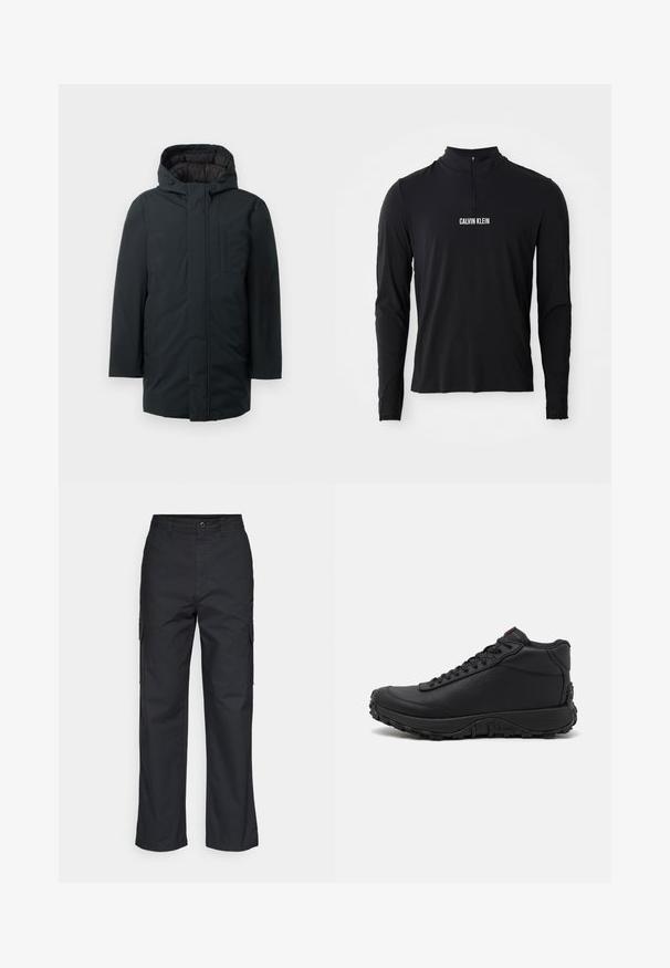 Zwarte geïsoleerde parka met capuchon, voorzien van een voorritssluiting, zijzakken en een gladde buitenkant. Minimalistisch ontwerp.; Zwarte langemouwen top met hoge kraag, voorzien van een kwart ritssluiting en het witte "CALVIN KLEIN" logo aan de voorkant. Soepele, elastische stof.; Zwarte cargobroek met een rechte pijpdesign, voorzien van zijzakken en een geweven stof. Knopsluiting in de taille voor een veilige pasvorm.; Zwarte high-top sneakers van gestructureerd leer, voorzien van een dikke rubberen zool met grippatronen en een vetersluiting. Rode accenten op de tong.