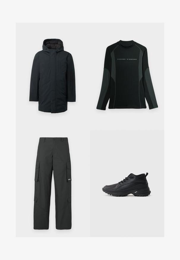 Schwarze isolierte Parka mit Kapuze, ausgestattet mit einem Frontreißverschluss, seitlichen Taschen und einer glatten Außenstruktur. Minimalistisches Design.; Schwarzes langärmliges Shirt mit hohem Kragen, aus strukturiertem Stoff. Hat graue Seitenpanels und das "NIKE TECH"-Logo auf der Brust.; Schwarze gerade Cargo-Hosen mit seitlichen Klappentaschen, Druckknopfverschluss, Gürtelschlaufen und kleinem weißen Logo auf der Klappentasche rechts.; Schwarze Sportschuhe aus synthetischem Material. Ausgestattet mit einem gepolsterten Kragen, einer runden Spitze, einer robusten Laufsohle mit Profil und einem Markenlogo.
