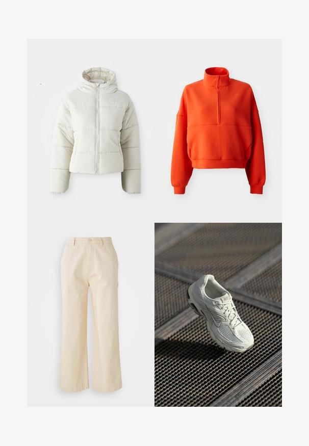 Weißes kurzes Pufferjacke mit Kapuze, vorderem Reißverschluss, gesteppten Paneelen und einem kleinen Logo auf der Brust. Glatte, gepolsterte Textur.; Helle orange, cropped Sweatshirt mit Stehkragen und halbem Reißverschluss, ausgestattet mit weiten Ärmeln und einem strukturierten Stoff für mehr Komfort.; Helle beige, weit geschnittene Hose aus Baumwolle mit glatter Textur, ausgestattet mit einem Frontknopfverschluss und Seitentaschen.; Weiße Nike-Laufschuhe mit Mesh- und synthetischem Obermaterial, die auf einem Metallgittersockel im sanften natürlichen Licht liegen.