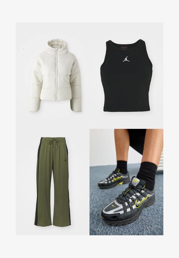 Witte cropped pufferjack met een capuchon, rits aan de voorkant, gestikte panelen en een klein logo op de borst. Gladde, gewatteerde textuur.; Zwarte, op maat gemaakte tanktop van katoen, met een ronde halslijn en een wit Jordan-logo dat op het midden van de voorkant is gestikt. Soepele textuur.; Groene joggingbroek met zwarte zijpanelen, elastische tailleband en trekkoord. Heeft een klein zwart logo op het linkerpoot. Zachte stoftextuur.; Zwarte en grijze sport schoenen met reflecterende zilveren accenten, gestructureerde meshpanelen en felgele details. Vetersluiting met een gestructureerde zool.