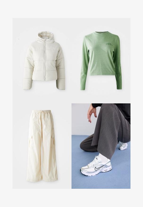 Hvid cropped pufferjakke med hætte, frontlynlås, syede paneler og et lille logo på brystet. Glat, polstret tekstur.; Lys grøn langærmet t-shirt lavet af blødt bomuld, med en rund halsudskæring og et lille trykt logo på øverste venstre side.; Bredde cargo bukser i lys beige stof med elastisk talje, snøre lukning og sidelommer. Glat tekstur med minimal detaljer.; Hvide og sølv atletik sko med meshej og syntetiske materialer, der har sorte accentlinjer, snørebånd og strukturerede såler.