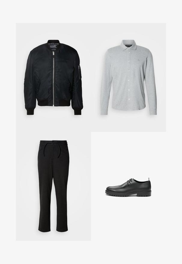 Zwarte nylon bomberjack met een ritssluiting, geribbelde manchetten en een zak op de linkermouw met ritshardware. Glad, lichtgewicht textuur.; Grijs poloshirt met lange mouwen, gemaakt van zachte katoen, met een knoopsluiting aan de voorkant, een puntige kraag en een subtiel logo op de borst.; Zwarte gebreide broek met een trekkoord in de taille, rechte pijpen en zijzakken. Zachte textuur met een gladde afwerking.; Zwarte lederen schoenen met een gladde afwerking, ronde neus en decoratieve stiksels. Beschikt over een rubberen zool met tractiegrepen en een vetersluiting.