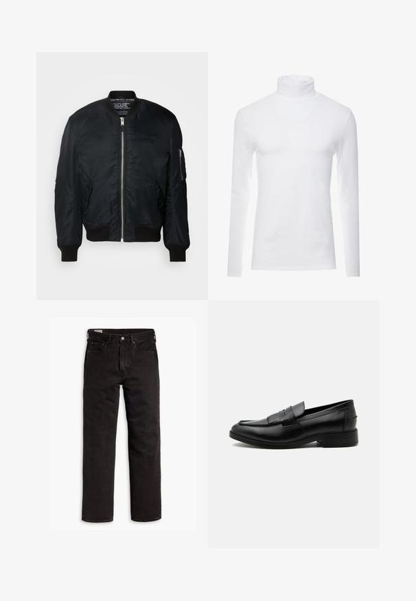 Zwarte nylon bomberjack met een ritssluiting, geribbelde manchetten en een zak op de linkermouw met ritshardware. Glad, lichtgewicht textuur.; Witte lange mouw turtleneck-shirt gemaakt van zachte, rekbare stof. Heeft een hoge kraag en een aangesloten ontwerp, wat zorgt voor een gestroomlijnde uitstraling.; Zwarte recht gesneden denim jeans met vijf zakken, knoopsluiting en riemlussen, plat gelegd op een witte achtergrond.; Zwarte leren herensloffen met kwastdetail, afgeronde neus, lage hak en glad gepolijst oppervlak, zij-aanzicht op een witte achtergrond.