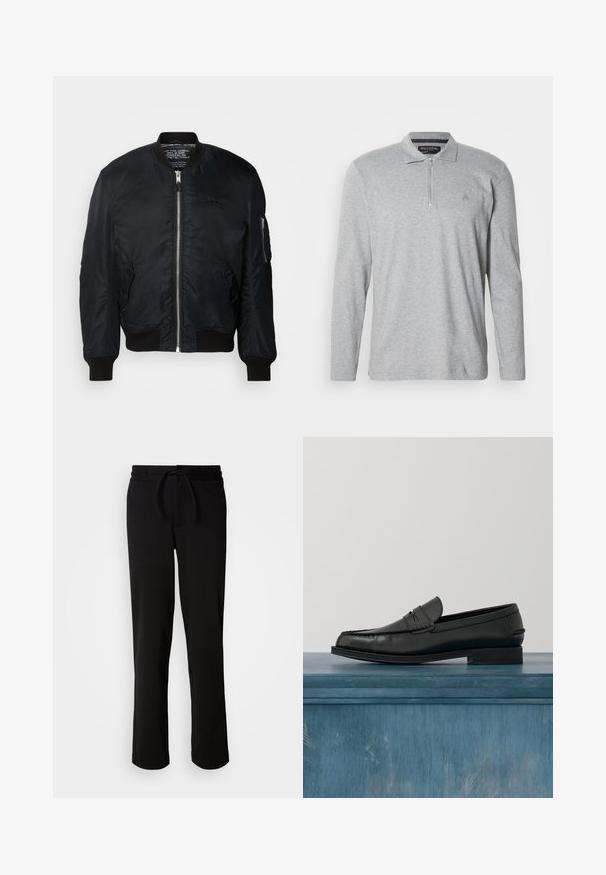 Sort nylon bomberjakke med lynlås, ribbede manchetter og en lomme på venstre ærme med lynlås. Glat, let tekstur.; Grå langærmet poloshirt lavet af blødt stof, med halv lynlås, klassisk krave og et lille logo på brystet.; Sorte sweatpants med snor i taljen, lavet af blødt og strækbart stof. Har en afslappet pasform med lige ben og uden synlige lommer.; Sorte læderloafers med et slankt design, der har syning ved tåen og en glat finish. Skoen har en lav hæl og minimal udsmykning.