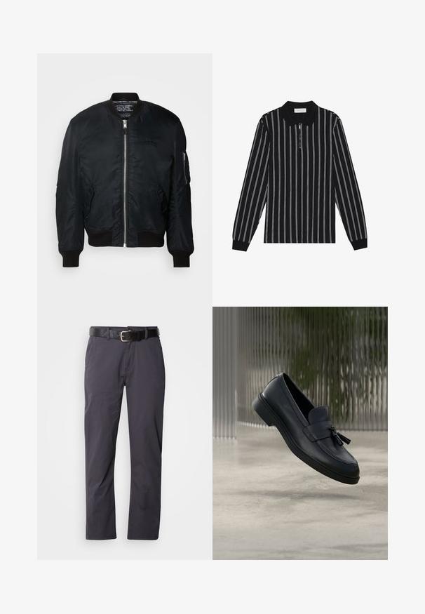 Chaqueta bomber de nylon negra con cierre de cremallera, puños acanalados y un bolsillo en la manga izquierda con hardware de cremallera. Textura suave y ligera.; Camisa polo de manga larga en negro con rayas verticales blancas, que cuenta con un cuello con cremallera y una tela texturizada. Detalles en puños acanalados.; Pantalones de algodón negros de corte recto, con dos bolsillos delanteros y un cinturón. La tela tiene una textura suave y un acabado mate.; Mocasines de cuero negro con textura suave, punta redondeada y borlas decorativas en el frente. Suela de goma flexible con tacón bajo.