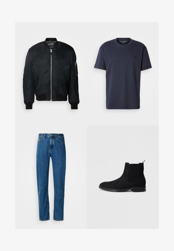 Zwarte nylon bomberjack met een ritssluiting, geribbelde manchetten en een zak op de linkermouw met ritshardware. Glad, lichtgewicht textuur.; Marineblauwe katoenen T-shirt met een ronde halslijn, korte mouwen en een rechthoekig label met de merknaam aan de voorkant.; Blauwe rechte spijkerbroek met vijf zakken en een knoopsluiting aan de voorkant op een witte achtergrond.; Zwarte suède Chelsea-boot met elastische zijpanelen, ronde neus, subtiele textuur en een trekband aan de achterkant. Vlakke rubberen zool.