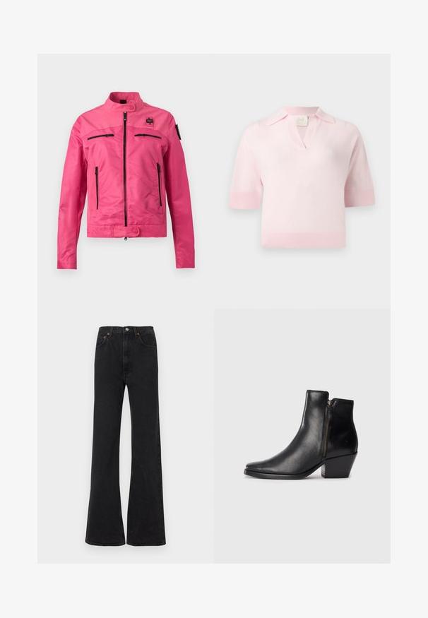 Veste rose vif avec col montant, fermeture éclair à l'avant, deux poches horizontales sur la poitrine, deux poches latérales verticales, et fermetures à bouton-pression.; Polo en tricot rose clair à manches courtes avec un col côtelé, des poignets et un ourlet, doté d'une petite ouverture en V.; Jean noir évasé à taille haute, en denim. Comprend cinq poches et des accents de coutures orange. Texture lisse avec une coupe classique.; Bottines en cuir noir avec un bout pointu, une fermeture éclair sur le côté et un talon épais. Texture lisse et design minimaliste.