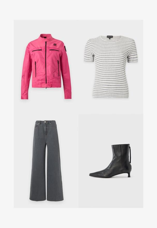 Veste rose vif avec col montant, fermeture éclair à l'avant, deux poches horizontales sur la poitrine, deux poches latérales verticales, et fermetures à bouton-pression.; Chemise à manches courtes rayée horizontale grise et blanche avec un col rond et un tissu texturé sur un fond uni.; Jeans à jambe large en denim gris foncé. Taille haute avec une fermeture à bouton et poches standards. Texture douce avec des détails de couture minimalistes.; Bottine en cuir noir à bout pointu, forme structurée et petit talon. Dispose d'une fermeture éclair latérale et d'un design minimaliste.