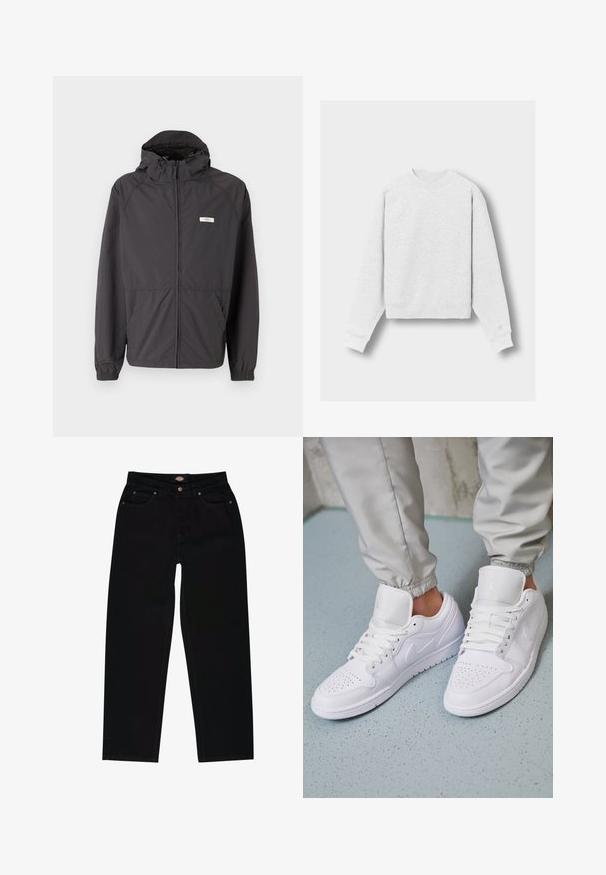 Veste légère noire avec capuche, fermeture éclair à l'avant, poignets élastiques et deux poches latérales. Présente un petit logo sur la poitrine.; Sweatshirt à col rond à manches longues gris clair avec des poignets et un ourlet côtelés, posé à plat sur un fond neutre.; Jean en denim noir avec une coupe droite, présentant cinq poches, des coutures marron et une fermeture éclair. Texture lisse et matériau durable.; Des baskets en cuir blanc présentent une zone de perforation à l'avant, des lacets plats, un col rembourré et le logo Jordan sur la languette. Portées avec un pantalon de jogging gris.