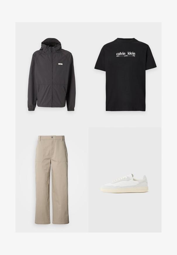 Zwarte lichtgewicht jas met een capuchon, ritssluiting aan de voorkant, elastische manchetten en twee zijzakken. Heeft een klein logo op de borst.; Zwart T-shirt met korte mouwen en witte tekst calvin klein new york city gecentreerd op de borst.; Beige wijde broek van katoen; voorzien van voorzakken met klep, een knoopsluiting en zichtbare stiknaden langs de zoom.; Witte sneaker met een bovenwerk van gestructureerd suède en leer. Voorzien van een afgeronde neus, vetersluiting en een contrasterende beige rubberen zool.