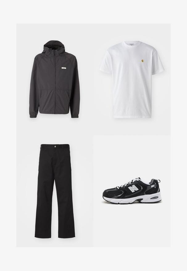 Veste légère noire avec capuche, fermeture éclair à l'avant, poignets élastiques et deux poches latérales. Présente un petit logo sur la poitrine.; T-shirt en coton blanc à manches courtes, col rond, avec un petit logo doré sur la poitrine gauche. Texture douce et coupe régulière.; Pantalons noirs en tissu durable avec une coupe droite, dotés d'une fermeture à bouton à l'avant, de passants de ceinture et sans motifs ni accents visibles.; Baskets de sport noires et grises avec un tige en mesh et en suède, présentant une semelle intermédiaire blanche, des lacets et un logo "N" audacieux sur le côté.