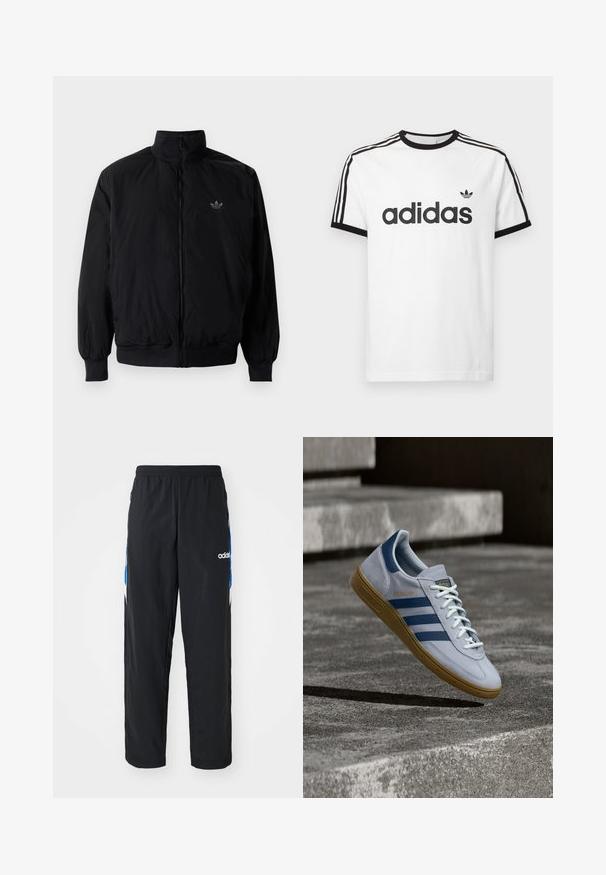 Sort lynlåsjakke med høj krave, fremstillet af letvægtsmateriale. Har elastiske manchetter og talje, med et lille logo på øverste venstre side.; Hvid bomulds t-shirt med sort rund hals og ærmer. Har sort tre-stripes design på skuldrene og stort sort "adidas" logo på fronten.; Sorte træningsbukser med elastisk talje, prydet med blå og hvide grafiske detaljer på siderne og et broderet logo.; Lyseblå Adidas Spezial sneakers med marineblå striber og gummisål, vist i luften over betontrapper i et neutralt udendørsmiljø.
