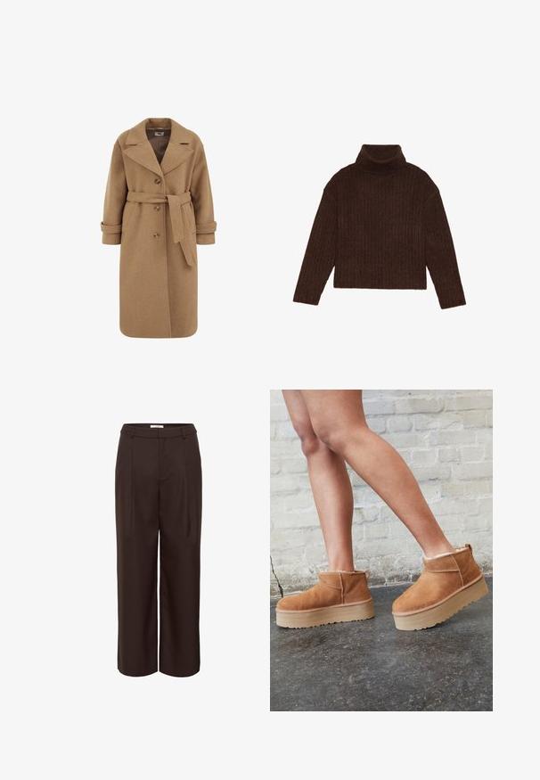 Camel uldblandede frakke med dobbeltradet design, store revers, opfoldede manchetter og et matchende bælte i taljen.; Brun ribbet turtleneck sweater med lange ærmer og cropped silhuet, med et tykkere, struktureret strikdesign.; Mørkebrune bukser med vide ben, læg, bæltestropper og skjult lukning foran, vist på hvid baggrund.; Brune ruskinds ankelsko med en blød foring, tyk beige plattformsål og en bageste løkke. Tekstureret overflade med synlige sømdetaljer.