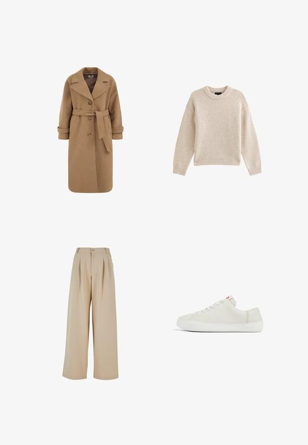 Abrigo de mezcla de lana color camel con diseño de doble botonadura, grandes solapas, puños enrollados y un cinturón a juego en la cintura.; Jersey de punto beige con cuello redondo, mangas largas y dobladillo acanalado. Tela texturizada con una apariencia suave. Diseño simple y versátil.; Pantalones de pierna ancha beige con pliegues en la parte delantera, cierre de botón y una textura suave. Presenta una cinturilla entallada y bolsillos laterales.; Zapatilla de piel blanca con un perfil bajo, puntera redondeada, cierre de cordones plano y suela de goma blanca. Presenta costuras sutiles y un pequeño logotipo.