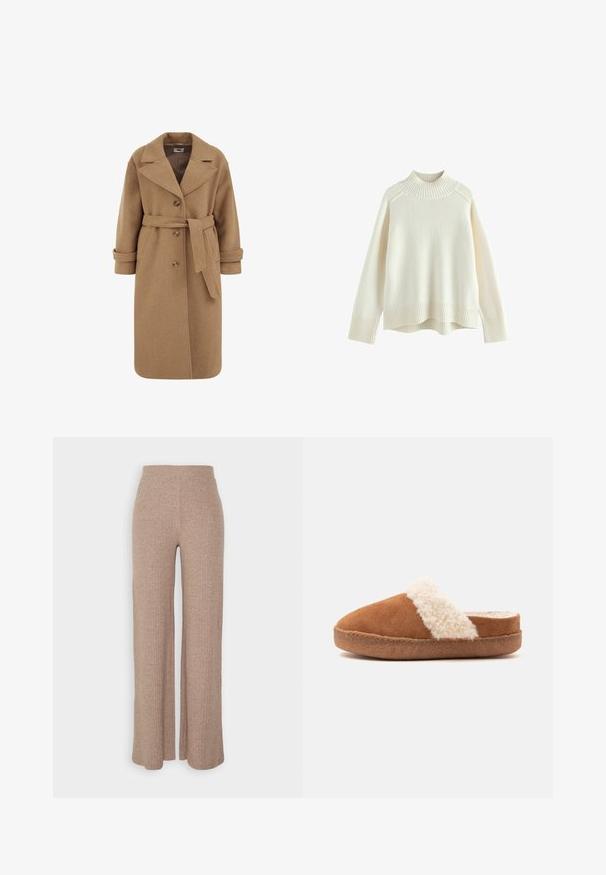 Camel uldblandede frakke med dobbeltradet design, store revers, opfoldede manchetter og et matchende bælte i taljen.; Cremefarvet sweater med ribbet høj hals, lange ærmer og en afslappet pasform. Struktureret strikstof og ribbestykke detalje i bunden.; Beige ribbede vide bukser med høj talje og blød tekstur, der har en løs pasform og ingen synlige lukninger.; Brun slip-on tøffel med tyk sål og hvid fluffy kant, designet til indendørs komfort og varme.