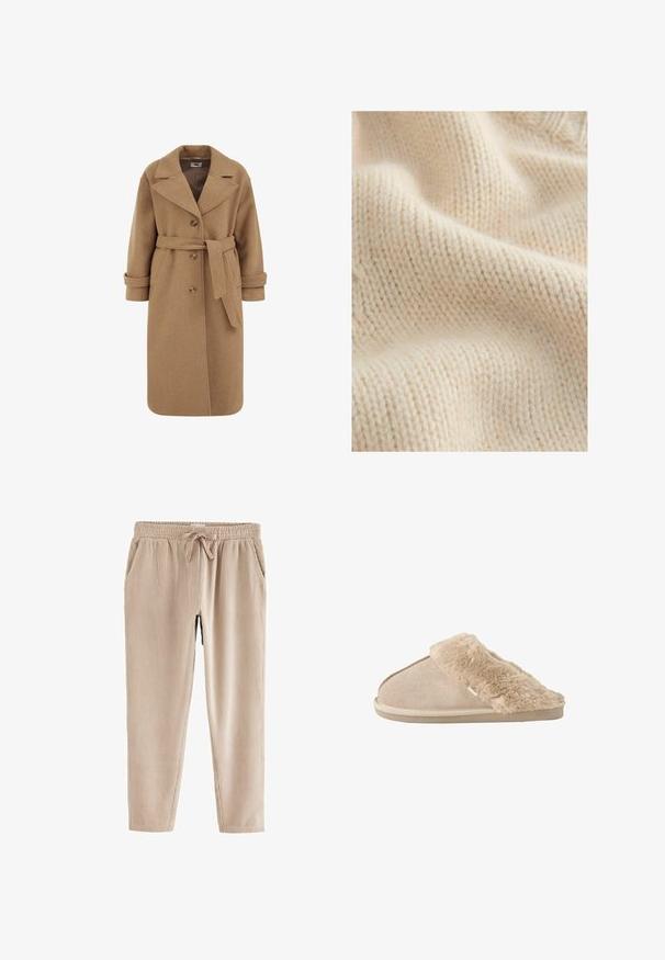 Camel wollen blend jas met een dubbele knoopsluiting, grote revers, opgerolde mouwen en een bijpassende riem in de taille.; Crème-kleurige gebreide stof met een tekstuur, zachte oppervlakte en zichtbare stikpatronen, met lichte variaties in dikte.; Beige corduroy broek met een losse pasvorm, voorzien van een elastische tailleband, een trekkoord en zijzakken. Ribbelige textuur zichtbaar over het hele oppervlak.; Beige instappantoffel met zachte suède buitenkant en een zachte, pluizige voering en boord, ontworpen voor binnencomfort.