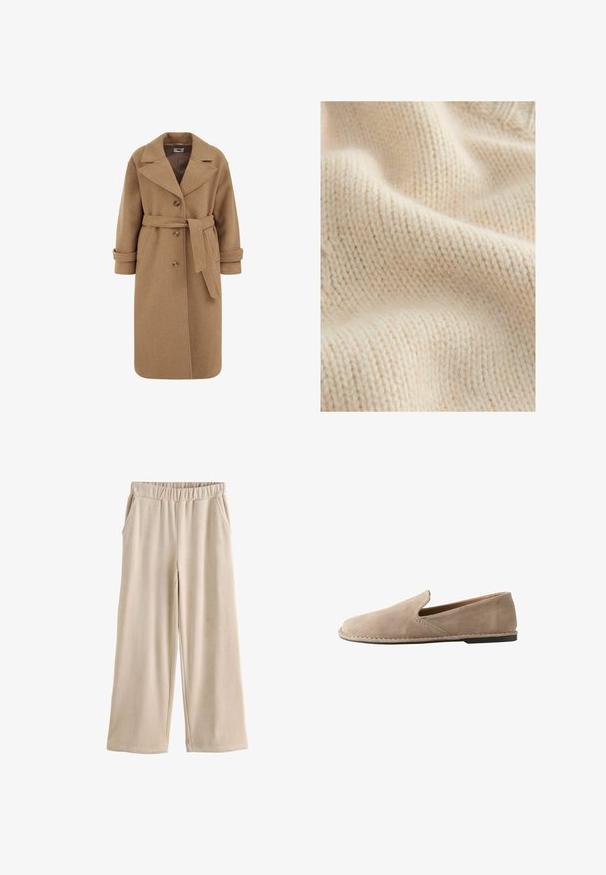 Camel wollen blend jas met een dubbele knoopsluiting, grote revers, opgerolde mouwen en een bijpassende riem in de taille.; Crème-kleurige gebreide stof met een tekstuur, zachte oppervlakte en zichtbare stikpatronen, met lichte variaties in dikte.; Beige wijde corduroy broek met elastische tailleband en zijzakken, plat weergegeven op een witte achtergrond.; Beige suède instapschoen met afgeronde neus, lage platte hak, doorgenaaide zool en elastische zij inzet voor gemakkelijk aan- en uittrekken.