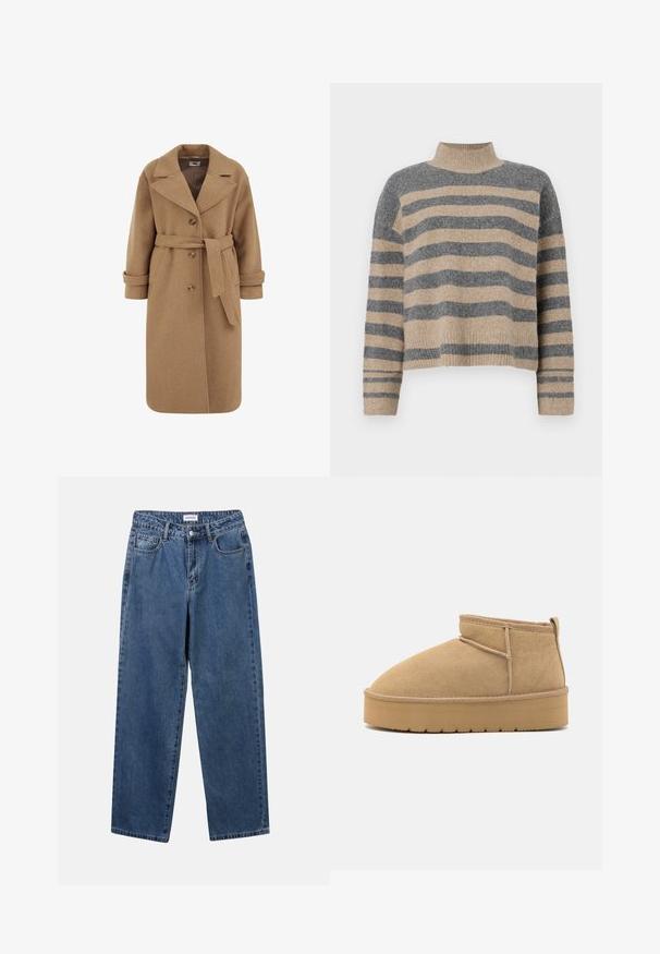 Camel uldblandede frakke med dobbeltradet design, store revers, opfoldede manchetter og et matchende bælte i taljen.; Striktrøje med striber i grå og beige farver, høj hals, brede manchetærmer og en afslappet pasform med et cropped design.; Klassiske blå denimbukser med lige ben, fem lommer og knaplukning. Har en medium vask og en robust tekstur.; Beige suede ankelstøvler med rund tå, minimale syninger og en lysebrun gummisål med et tekstureret mønster.