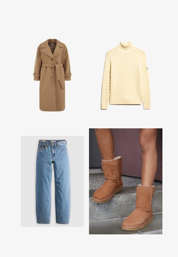 Camel uldblandede frakke med dobbeltradet design, store revers, opfoldede manchetter og et matchende bælte i taljen.; Superdry & Co SLOUCHY CABLE ROLL NECK - Striktrøje - natural white; Lysblå denim jeans med lige ben-design, fem lommer, lynlås og en subtil falmet tekstur. Klassisk stil med minimal hardware.; Brune ruskind ankelstøvler med rund tå, blødt foer og gummisål, der har synlige stikninger langs sømmene.