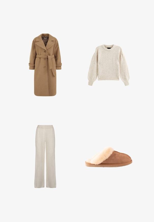 Mantel aus einer Kamelhaar-Mischung mit Double-Breasted-Design, großen Revers, umgeschlagenen Ärmeln und einem passenden Gürtel in der Taille.; Hellbeige gestrickter Pullover mit Rundhalsausschnitt, geripptem Saum und voluminösen Ärmeln. Weicher Stoff und lässige Passform.; Weit geschnittene Hosen aus einem weichen, hellbeigen Stoff. Sie verfügen über eine glatte Textur, einen elastischen Bund und ein einfaches, unauffälliges Design.; Brauner Wildleder-Hausschuh zum Hineinschlüpfen mit dicker, cremefarbener Lammfellfütterung und -sohle, entwickelt für Komfort und Wärme im Innenbereich.