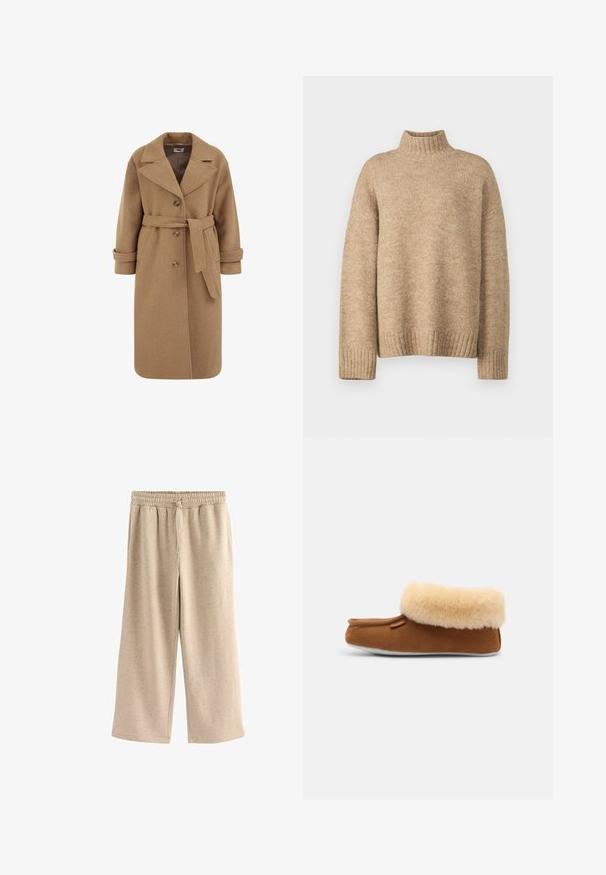 Abrigo de mezcla de lana color camel con diseño de doble botonadura, grandes solapas, puños enrollados y un cinturón a juego en la cintura.; Suéter de cuello alto beige hecho de un material de punto suave y texturizado. Presenta puños y dobladillo acanalados, y un ajuste relajado. Diseño clásico y acogedor.; Pantalones de pierna ancha beige fabricados con una tela suave, con una cinturilla elástica y cordones, y una sutil textura moteada en toda su superficie.; Mule de ante marrón con puño de piel sintética beige, punta redondeada y suela plana blanca. Presenta un branding mínimo en el lateral.