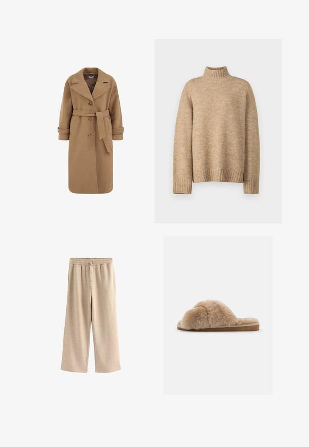 Camel wollen blend jas met een dubbele knoopsluiting, grote revers, opgerolde mouwen en een bijpassende riem in de taille.; Beige coltrui gemaakt van zachte, gestructureerde breimateriaal. Beschikt over ribgebreide manchetten en zoom, en heeft een relaxte pasvorm. Tijdloos en comfortabel ontwerp.; Crème-kleurige wijde broek gemaakt van een zachte katoenmix. Heeft een elastische tailleband met trekkoord en een subtiele gespikkelde textuur.; Fluffy beige slipper met een zachte textuur, open achterkant en een binnenvoering. Platte zool met een lichtbruine basis en beige stiksels.