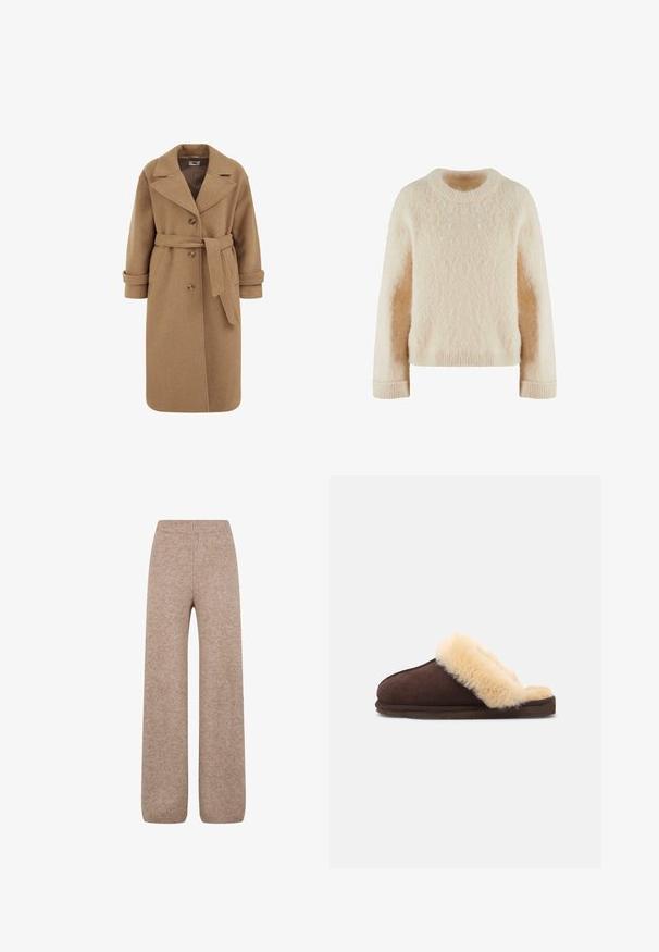Camel uldblandede frakke med dobbeltradet design, store revers, opfoldede manchetter og et matchende bælte i taljen.; Cremefarvet strikket sweater med rund halsudskæring, lange ærmer og en blød, struktureret overflade. Ribkanter ved håndleddene og kanten for ekstra struktur.; Strikkede bukser med vidde i en lys brune nuance med en ribbet talje og ribkant. Bukserne har et blødt, tekstureret stof. Ingen synlige lommer.; Brune suedepantofler med en cremet kunstpelsforing, åben bagside, flad sål og afrundet form for komfort og varme.