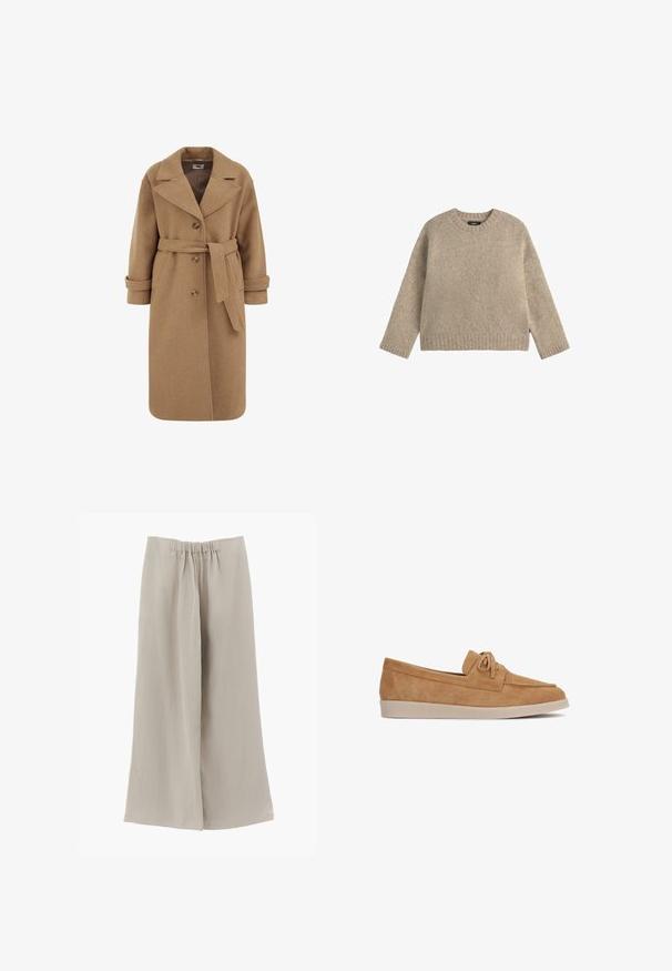 Abrigo de mezcla de lana color camel con diseño de doble botonadura, grandes solapas, puños enrollados y un cinturón a juego en la cintura.; Suéter de punto en beige claro con cuello redondo, mangas largas y puños y dobladillo acanalados. Textura suave, corte relajado, diseño minimalista.; Pantalones beige de pierna ancha con cintura elástica, pliegue frontal y ajuste suelto, exhibidos sobre un fondo blanco liso.; Mocasín de ante color canela con puntera redondeada, suela de goma y un lazo decorativo en la parte superior, mostrado de perfil sobre un fondo blanco.
