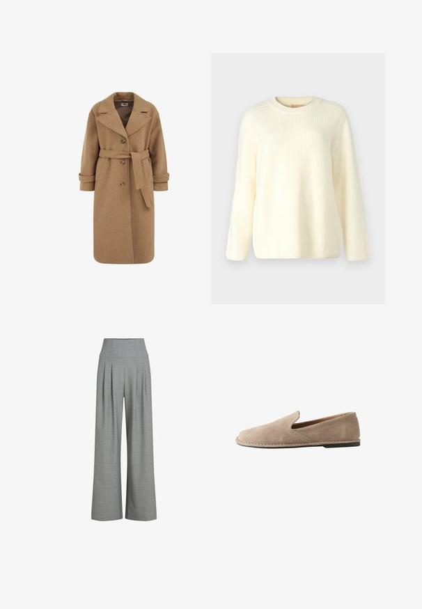 Camel uldblandede frakke med dobbeltradet design, store revers, opfoldede manchetter og et matchende bælte i taljen.; Cremefarvet ribbet striktrøje med rund hals, lange ærmer og en afslappet pasform. Blød tekstur med vandrette linjer over det hele.; Grå plisserede brede bukser med høj talje, lavet af et struktureret stof, der har en glat overflade og rene linjer.; Beige ruskind slip-on loafers med rund tå, lav flad hæl, syet sål og elastisk sideindsats for nem påtagning.