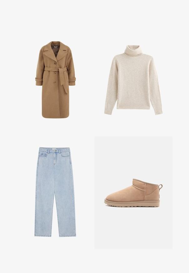 Camel uldblandede frakke med dobbeltradet design, store revers, opfoldede manchetter og et matchende bælte i taljen.; Beige højhalset sweater lavet af blød, tekstureret stof. Har lange ærmer, en ribkantet krave og en lige kant. Enkel design.; Lyseblå, højtaljede denimbukser med lige ben, fem lommer og synlige sømme. Materialet har en klassisk vaskeeffekt.; Brune ruskindsankelstøvle med en rund tå, blød tekstur, enkelt design og en lavprofil gummisål. Har en trækrem bagpå.