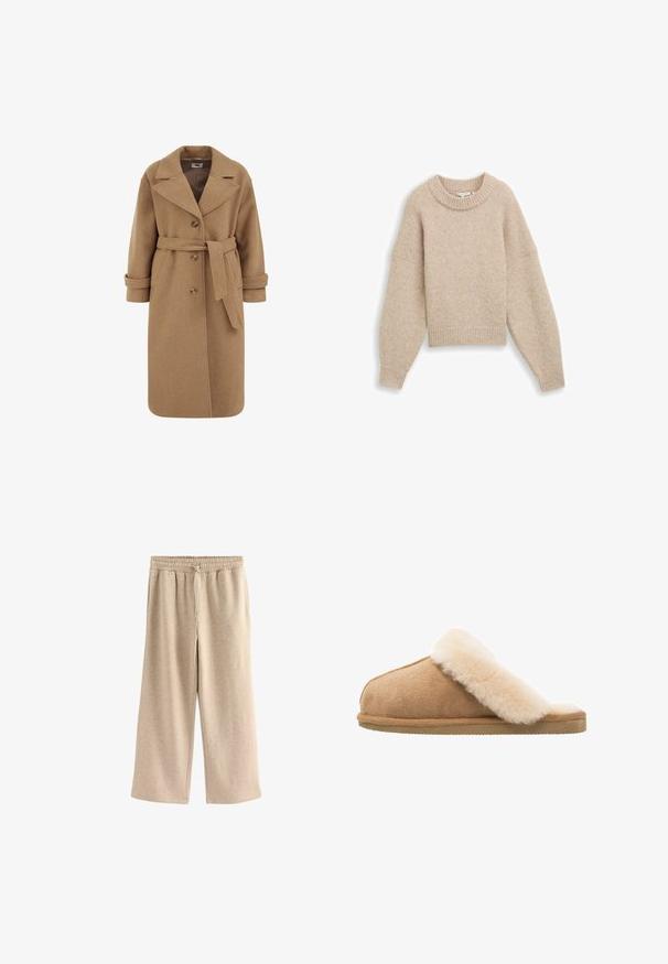 Camel uldblandede frakke med dobbeltradet design, store revers, opfoldede manchetter og et matchende bælte i taljen.; Beige cropped sweater lavet af blødt strikket stof. Har en ribbet rund halsudskæring og brede, ballonlignende ærmer med ribbede manchetter.; Cremefarvede breddebenede bukser lavet af blødt bomuldsblandingsstof. Har en elastisk talje med snor og en subtil plettet tekstur.; Beige ruskind slip-on hjemmesko med en blød, fluffy creme lammeskindsforing. Har en flad, tekstureret gummisål for godt greb.