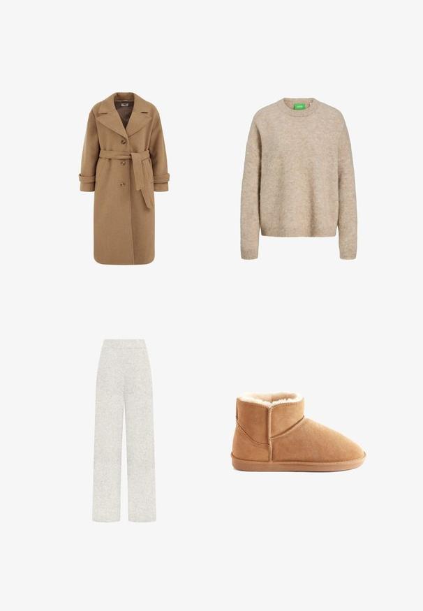 Mantel aus einer Kamelhaar-Mischung mit Double-Breasted-Design, großen Revers, umgeschlagenen Ärmeln und einem passenden Gürtel in der Taille.; Beige gestrickter Pullover mit Rundhalsausschnitt, gerippten Manschetten und Saum. Weiche Textur mit lockerer Passform. Grünes Etikett am Hals sichtbar.; Hellgraue, hochtaillierte, weit geschnittene Hose aus strukturiertem Stoff ohne sichtbare Taschen oder Verschlüsse.; Beige Wildleder-Ankle-Boot mit abgerundetem Zehenbereich, weichem weißen Futter und glatter Gummisohle. Mit einer genähten Gestaltung und Markenlabel ausgestattet.